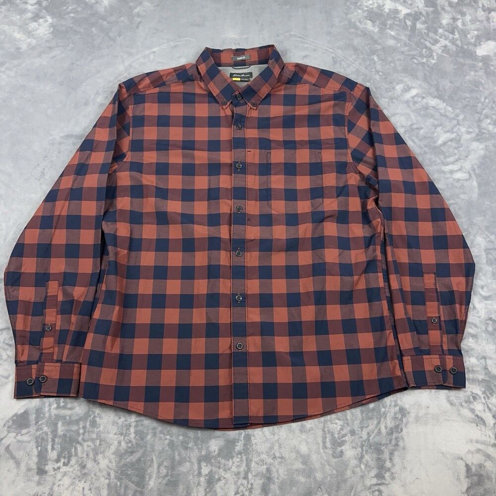 Eddie Bauer Travex Shirt Mens Size XL Blue Rust Plaid Classic Fit Button Down